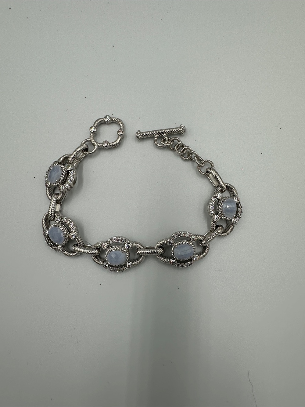 Judith Ripka 925 Sterling Silver Cable Links Toggle 5 Oval Stones Bracelet - Picture 4 of 16